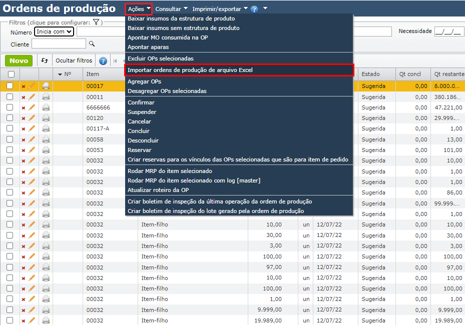 ordem de produção_Importar ordens de produção de arquivo Excel