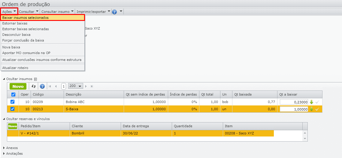 ordem de produção_Baixar insumos selecionados