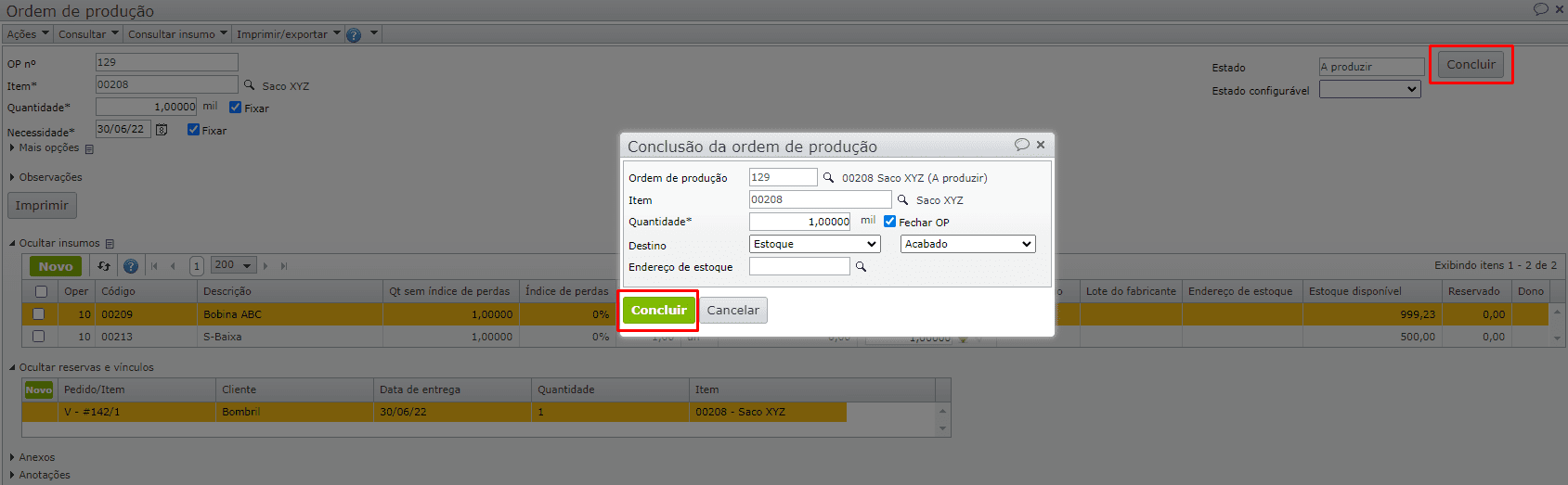 conclusão da ordem de produção