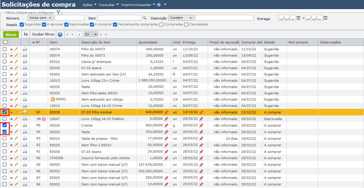 grade de solicitações de compra