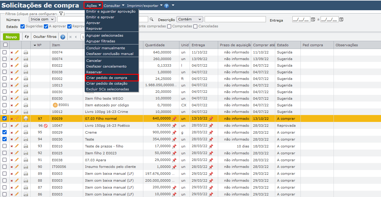 acesso à tela criar pedido de compra