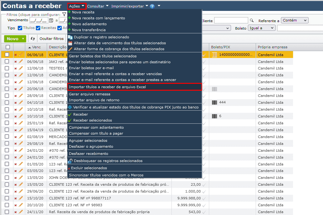 contas a receber - Importar títulos a receber de arquivo Excel