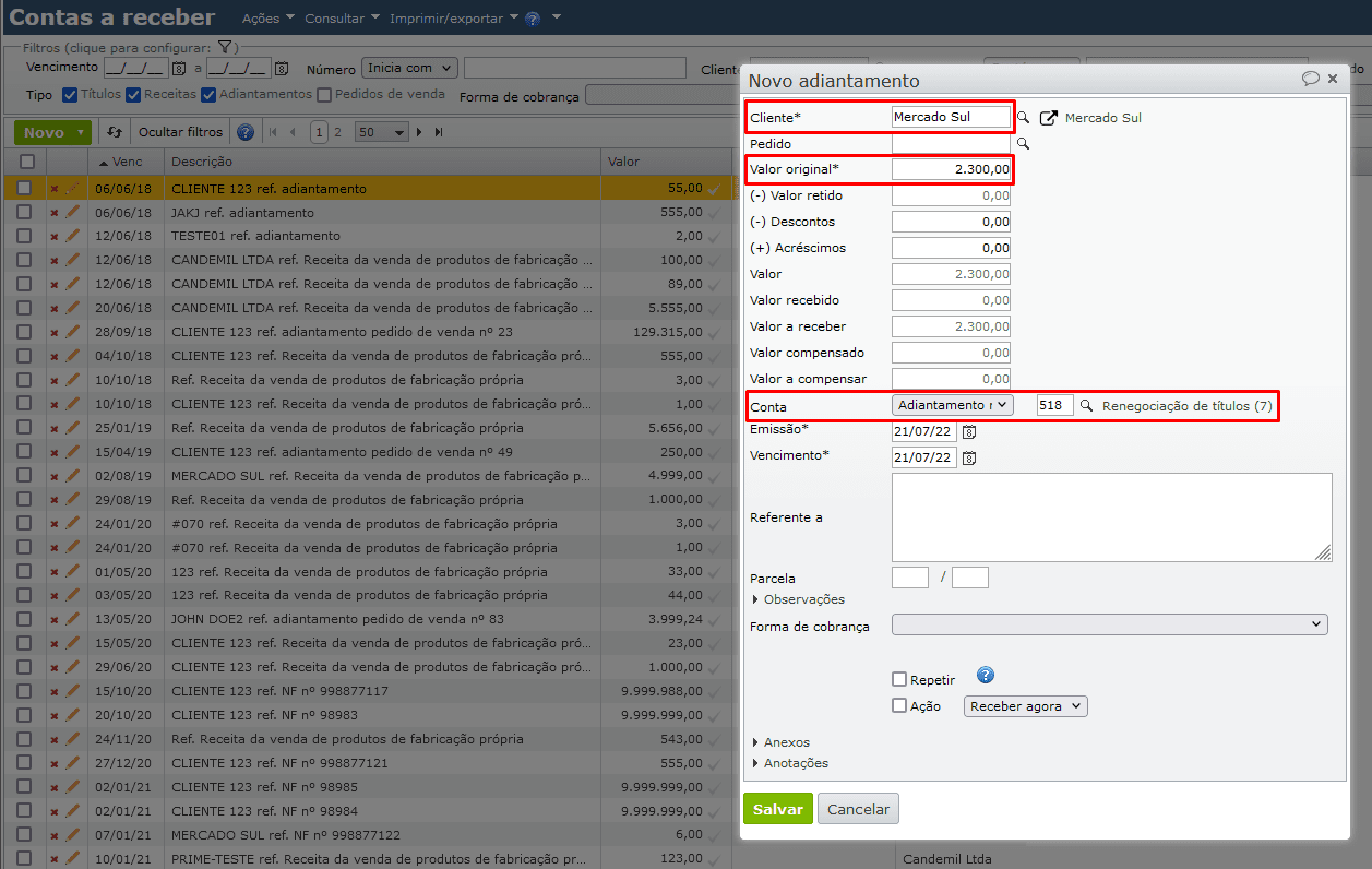 tela contas a receber - novo adiantamento 02