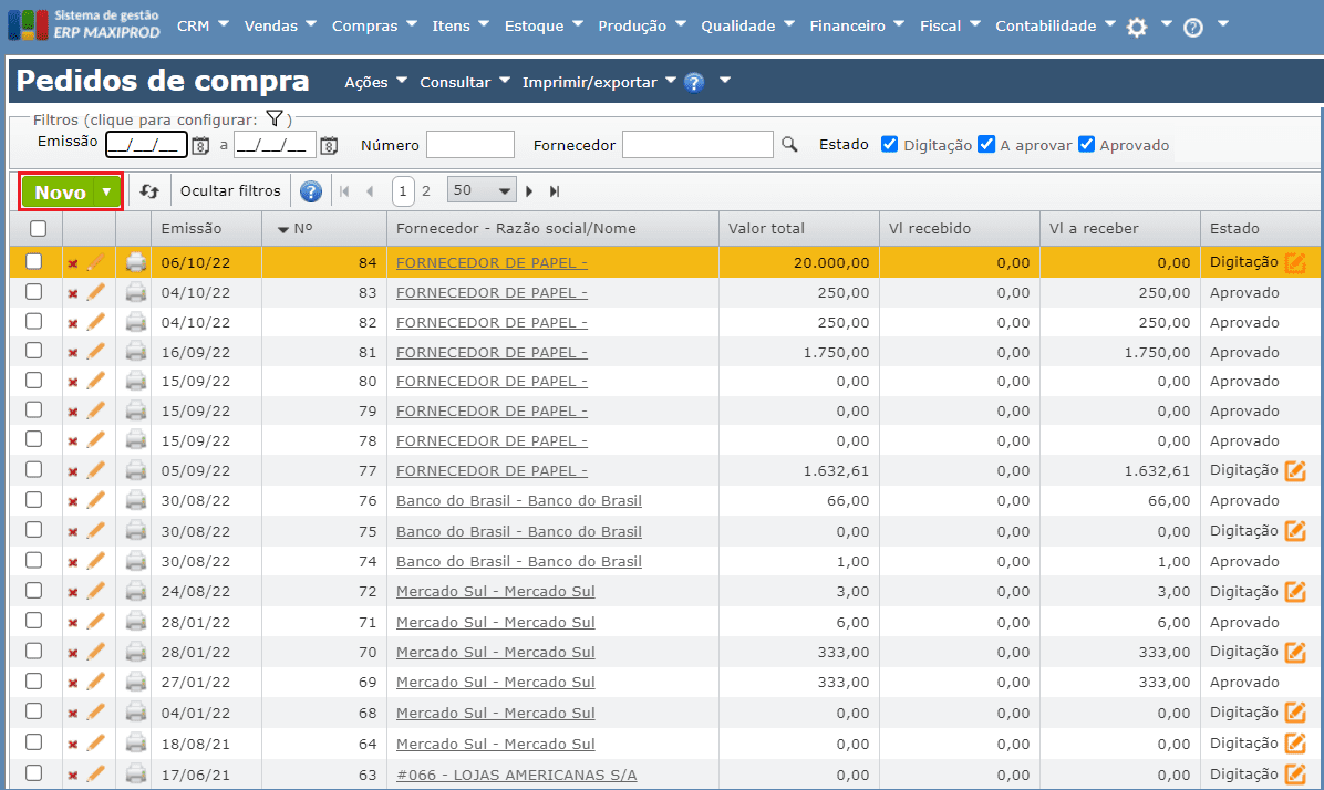 tela inicial de pedidos de compra