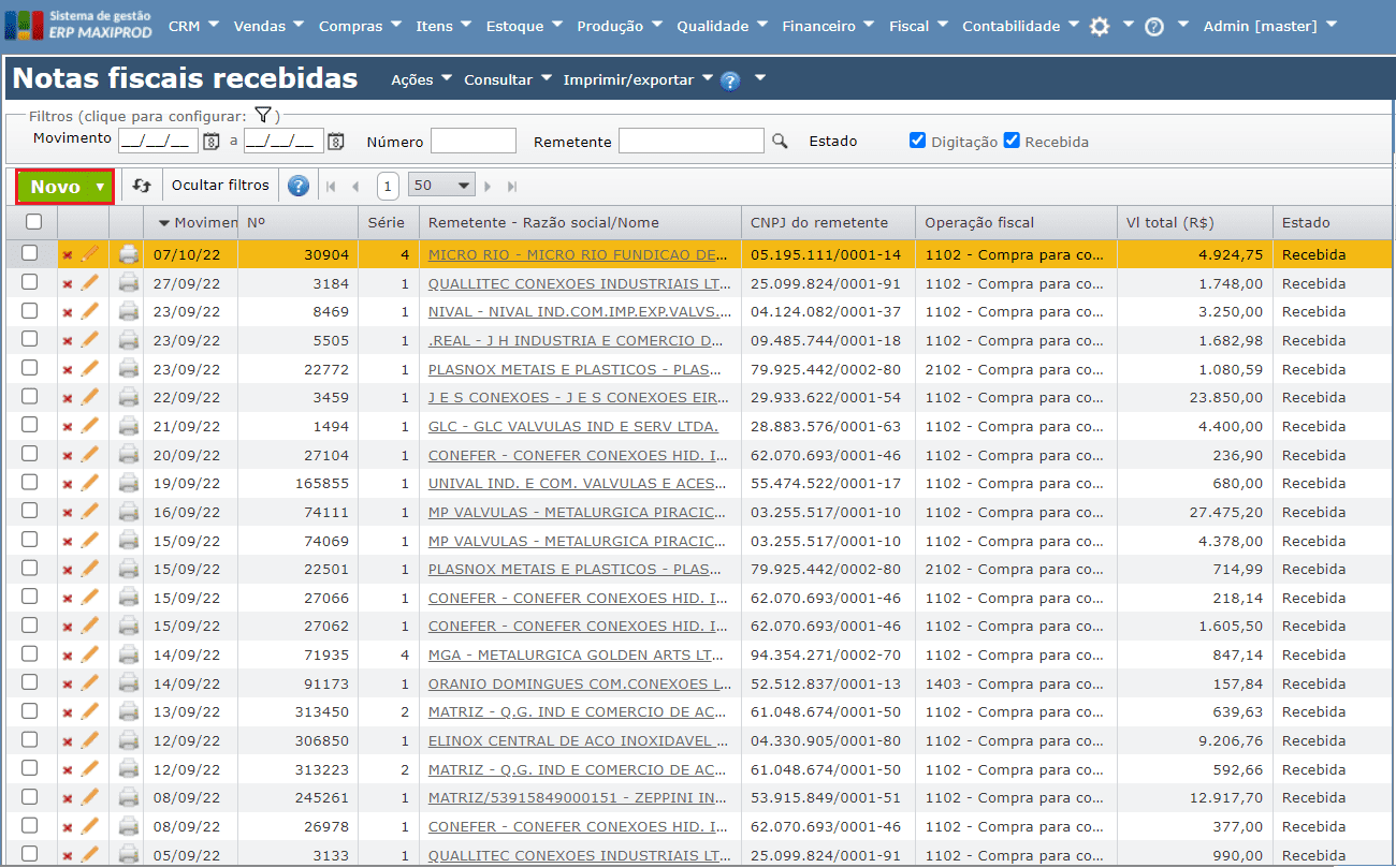 tela de notas fiscais recebidas