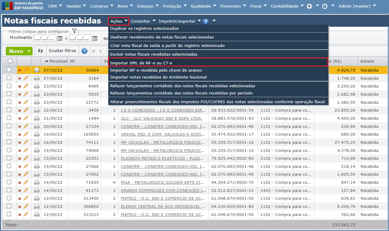 tela de Notas Fiscais Recebidas