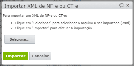 janela Importar XML de NF-e ou CT-e