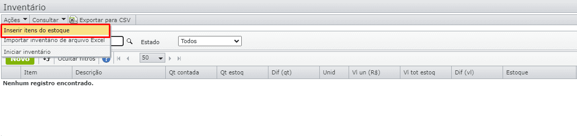 acesso à Inserir itens do estoque