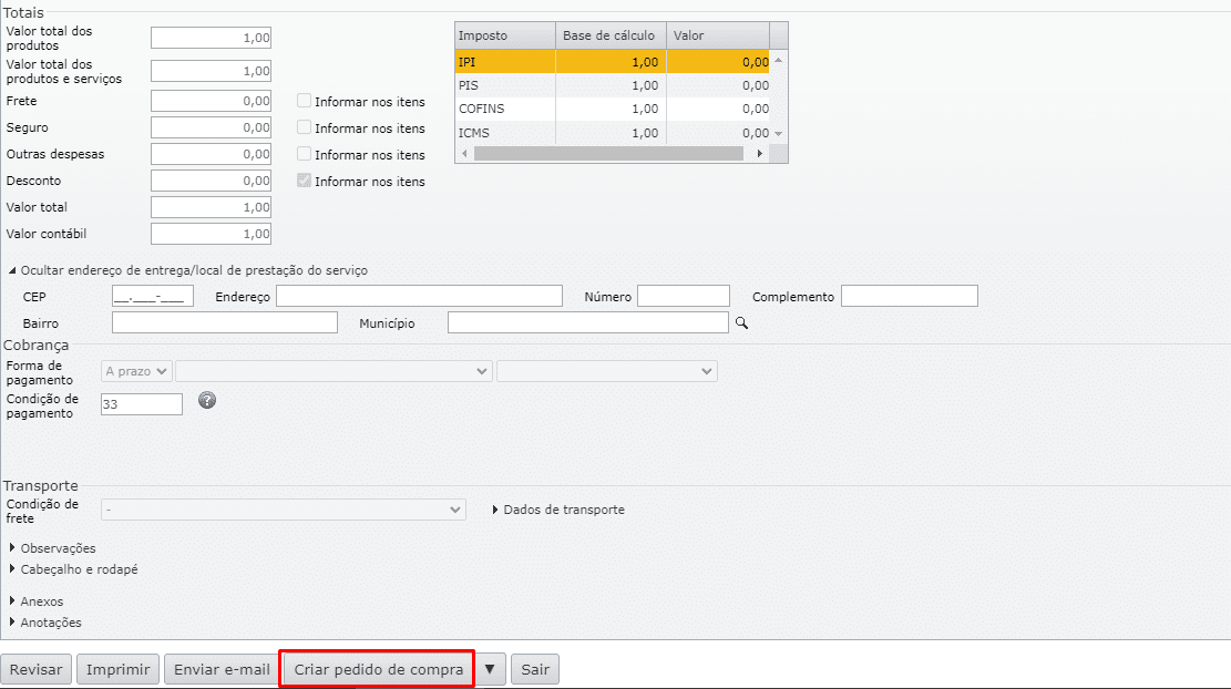 Criar pedido de compra
