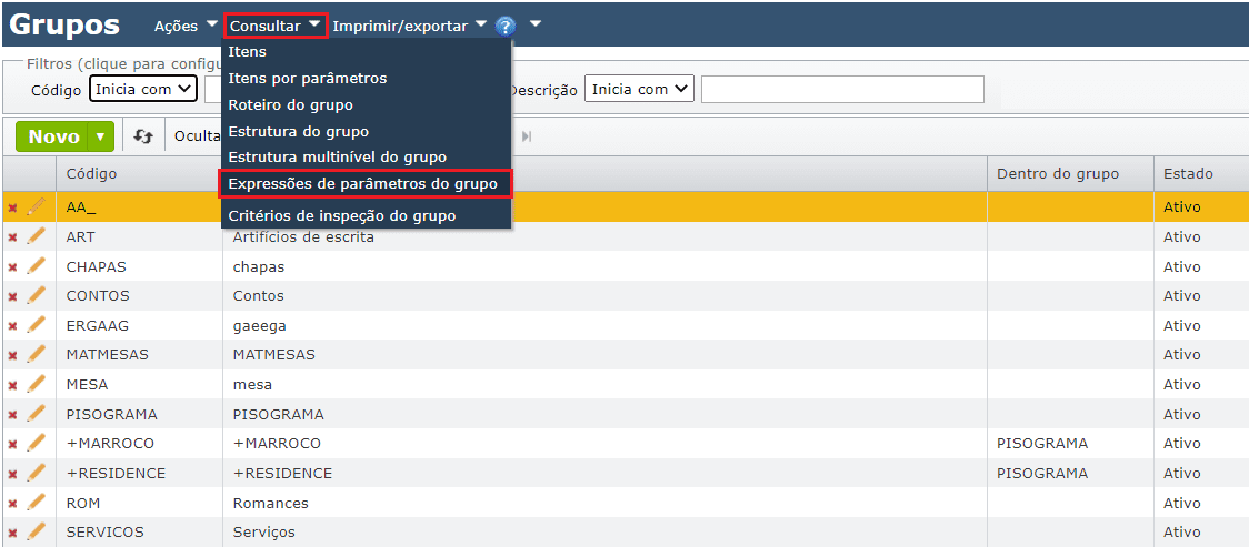 acessar Expressões de parâmetros do grupo
