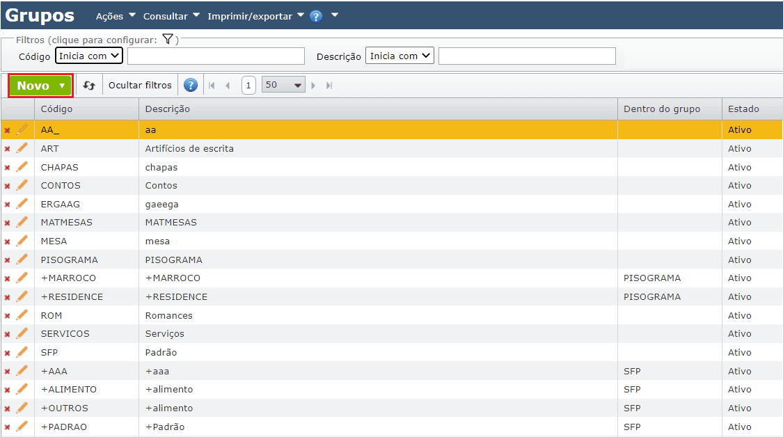 tela grade de grupos