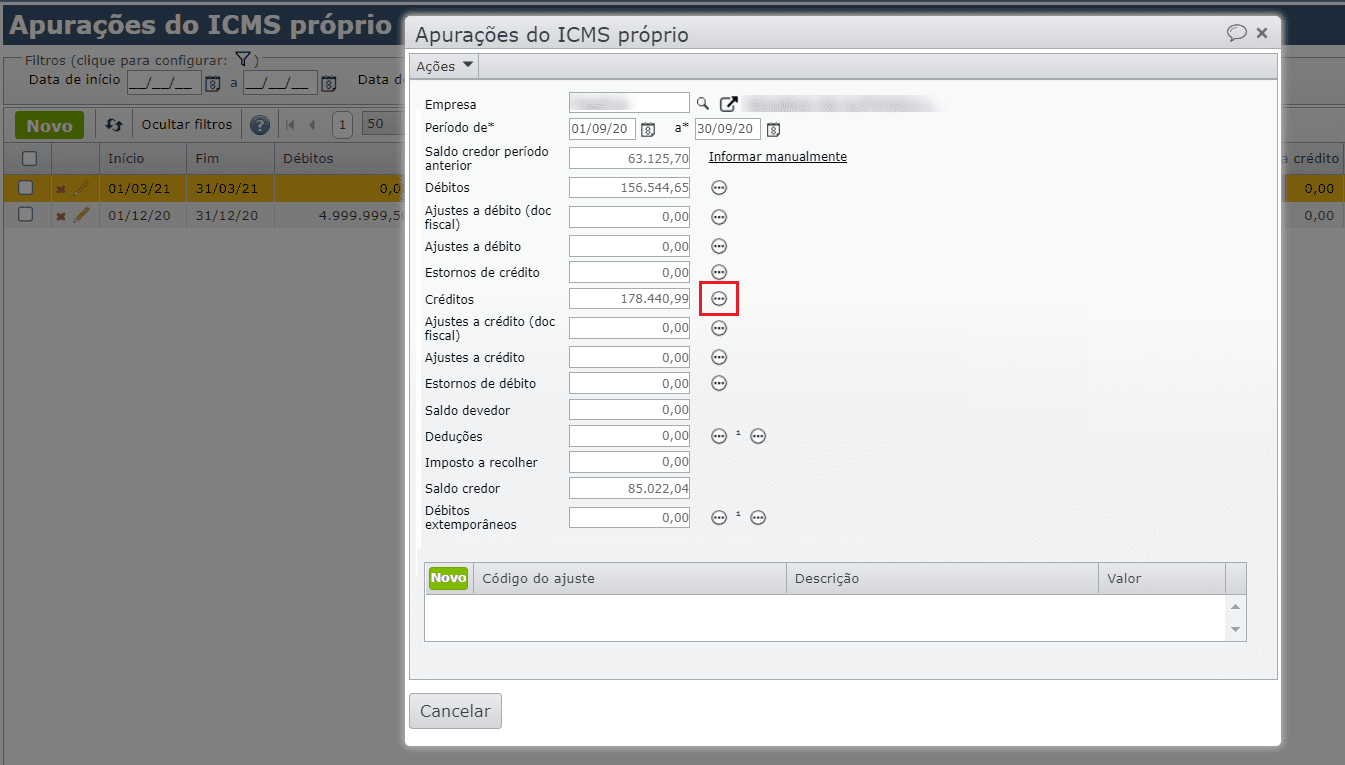 tela apuração de icms próprio 