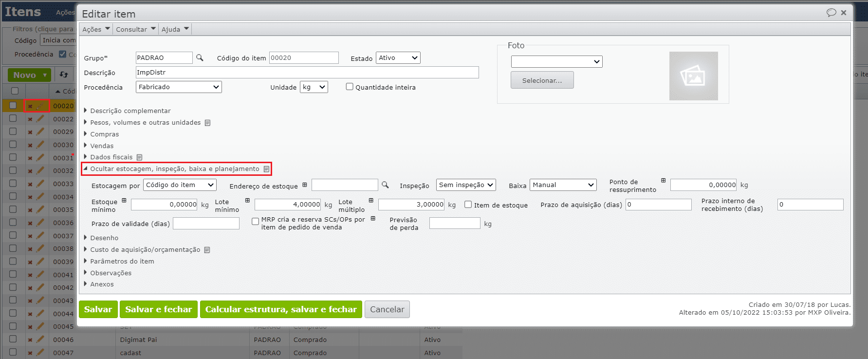 editar item - seção “estocagem, inspeção, baixa e planejamento”