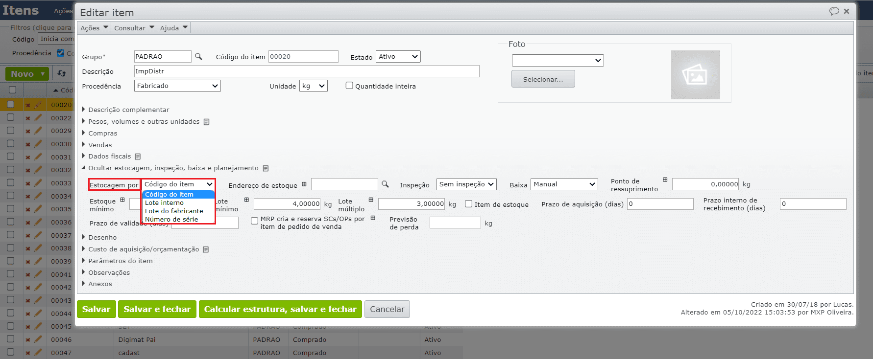 campo estocagem - tela editar item
