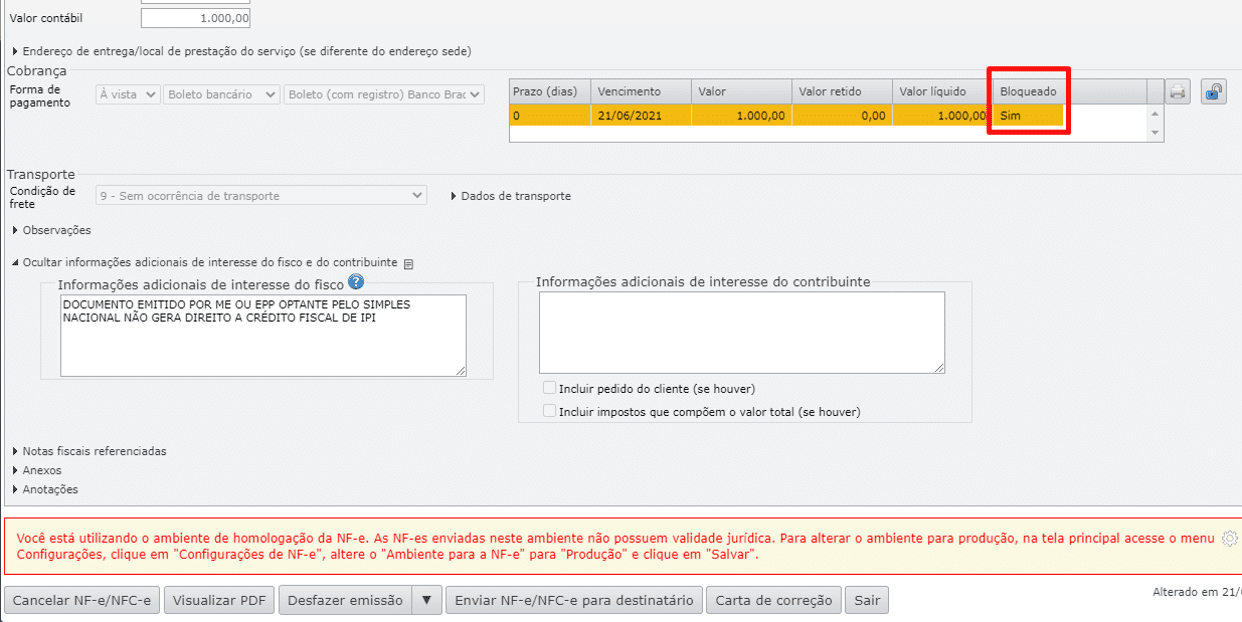 nota fiscal - campo bloqueado