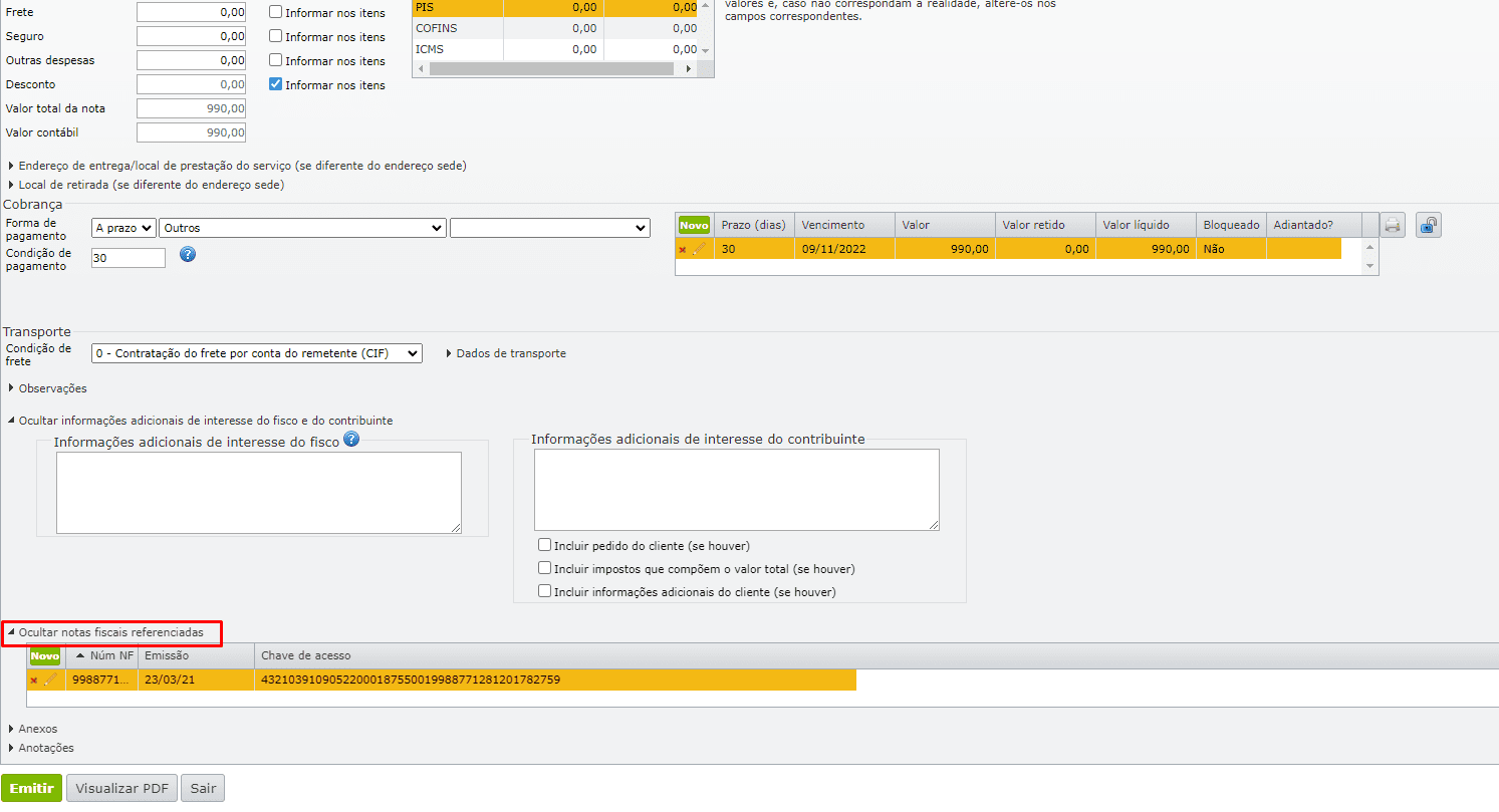campo notas fiscais referenciadas