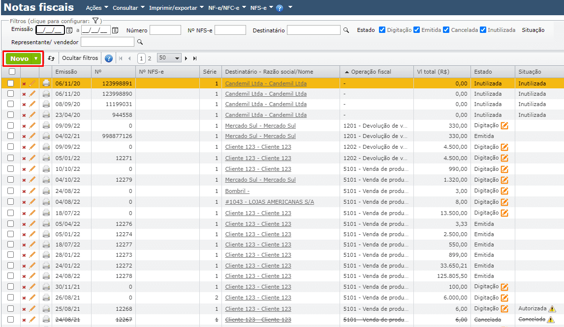 grade de notas fiscais - NFC-e