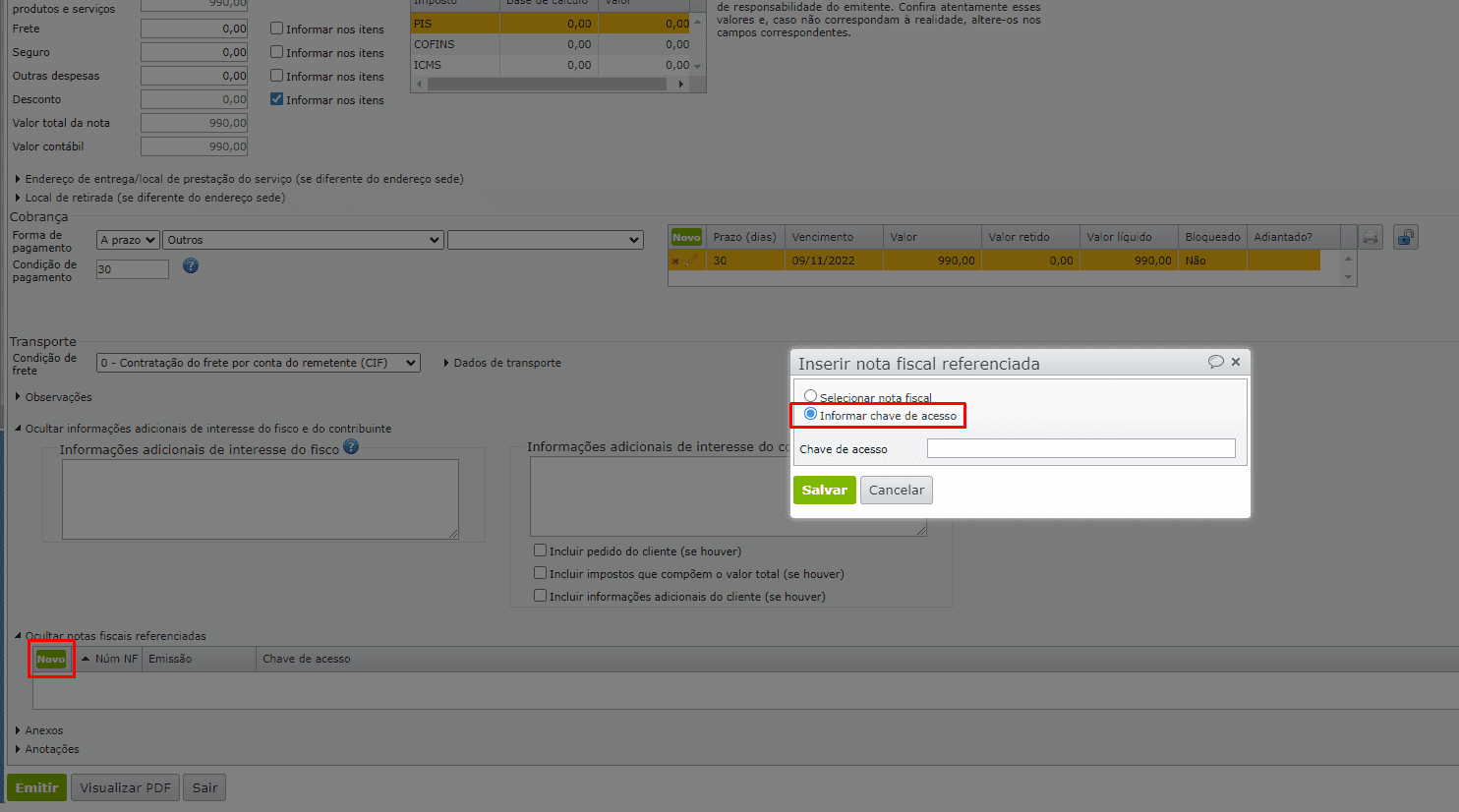 janela inserir nota fiscal referenciada