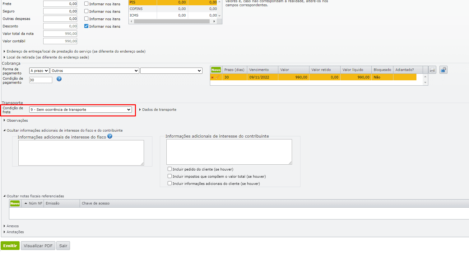 campo condição de frete