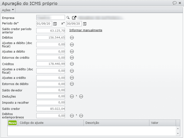 tela de edição da apuração de ICMS