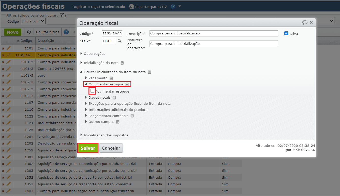 campo movimentar estoque em edição da Operação Fiscal