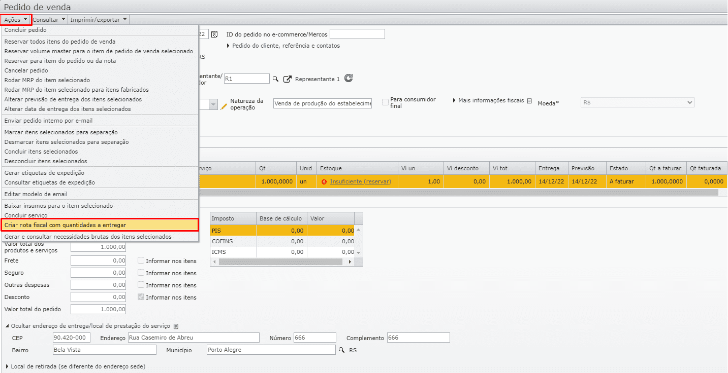 Criar nota fiscal com quantidades a entregar