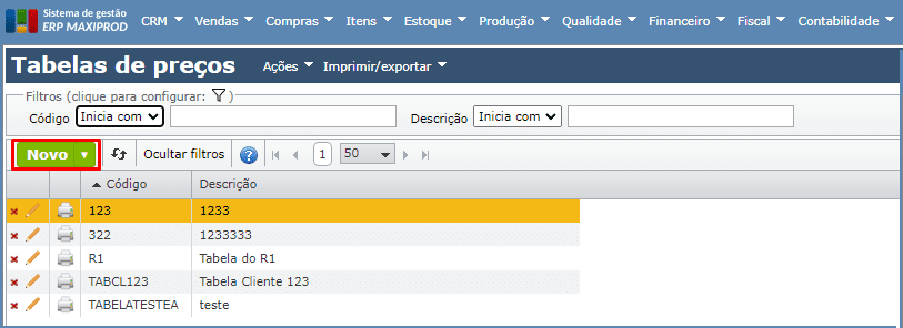 grade tabelas de preços