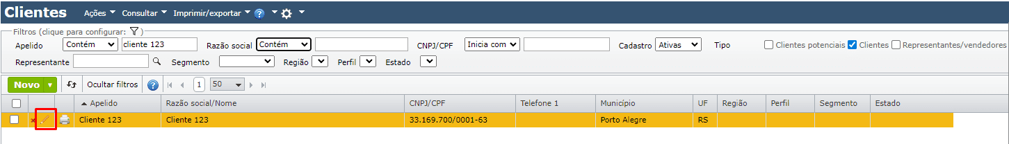 edição do cliente desejado