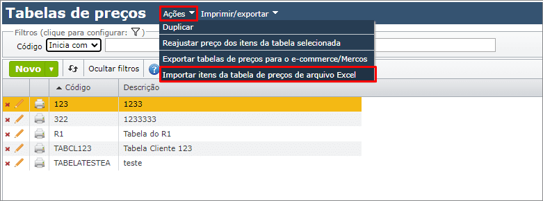 tabelas de preços - Importar itens de arquivo Excel
