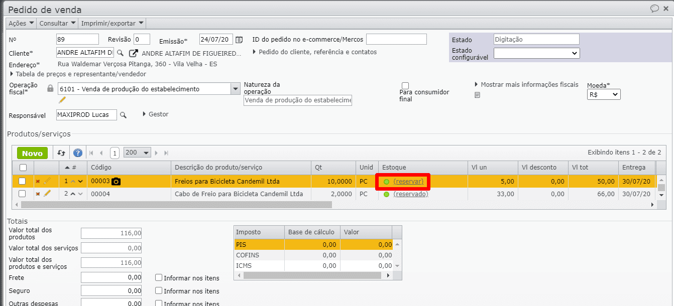 reservas de estoque para um pedido de venda