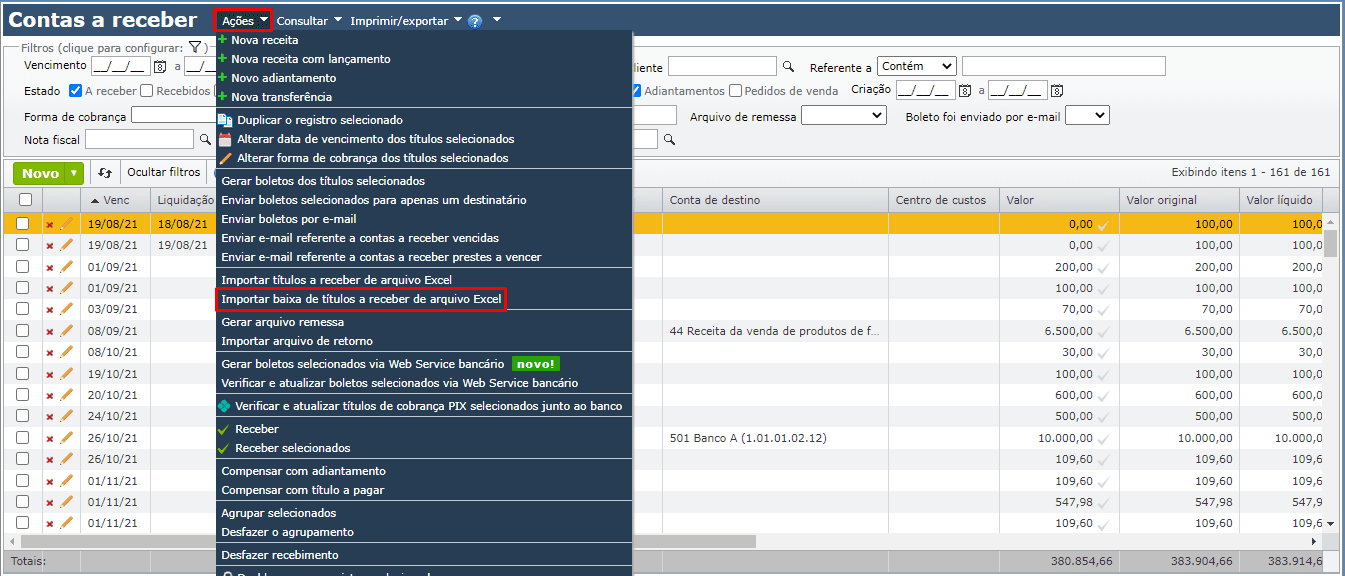 tela contas a receber - Importar baixa de títulos a receber de arquivo Excel