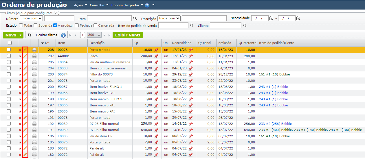 grade de Ordens de produção
