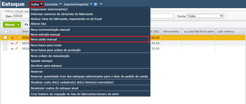 acessar menu nova saída manual