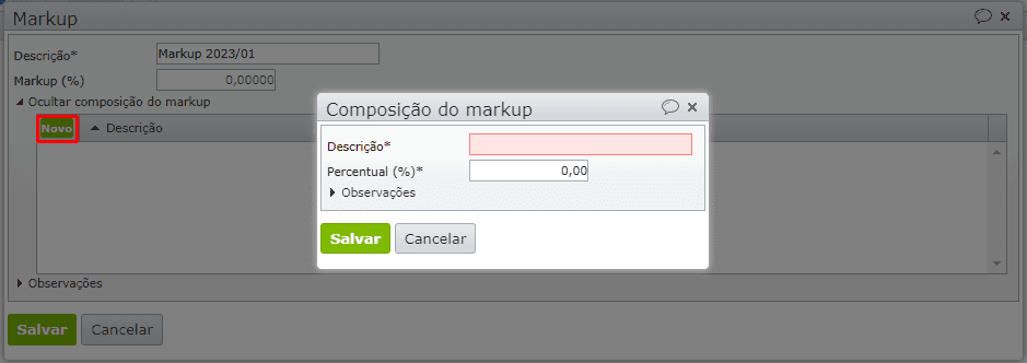 inserir a primeira parcela do markup
