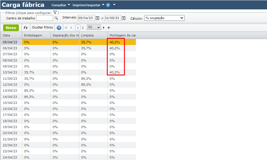 tela de carga fábrica