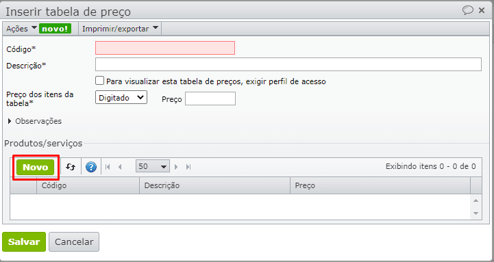 janela inserir tabela de preço