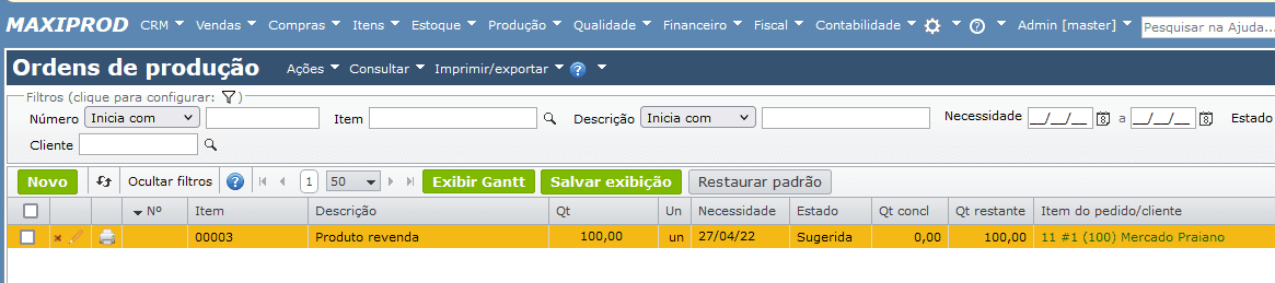 tela de ordens de produção mrp