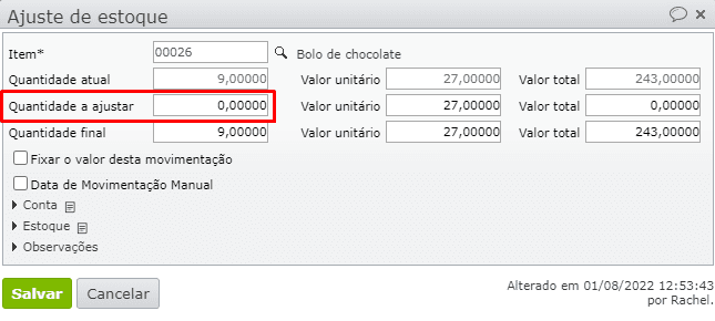 janela ajuste de estoque
