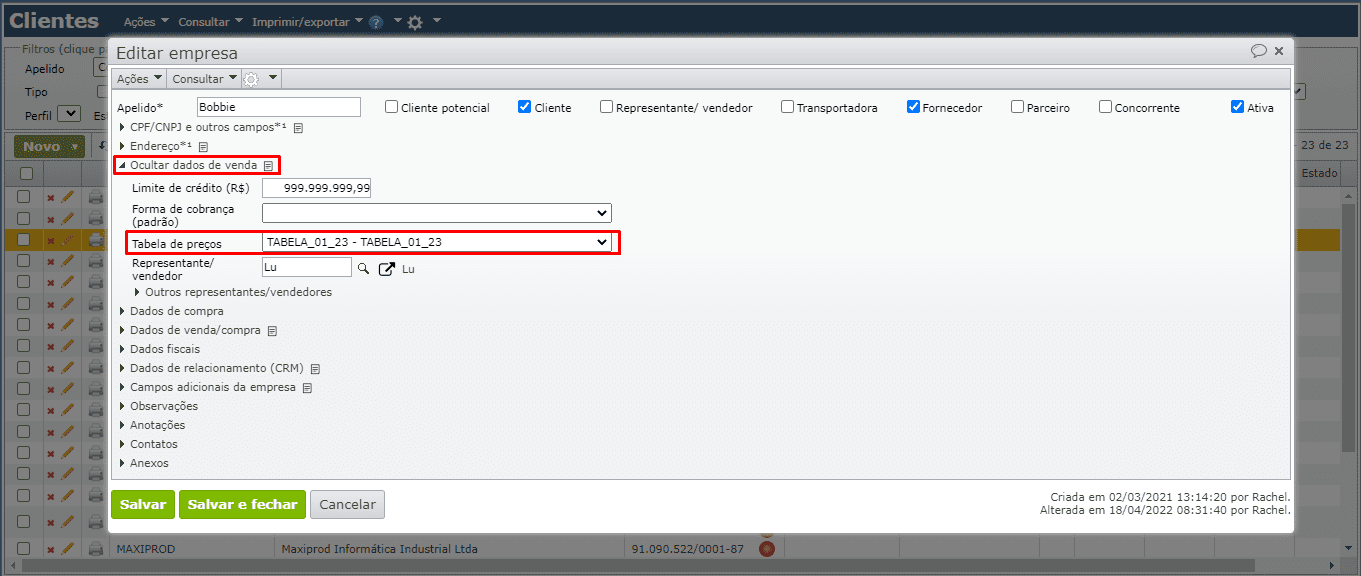 exemplo de edição da empresa