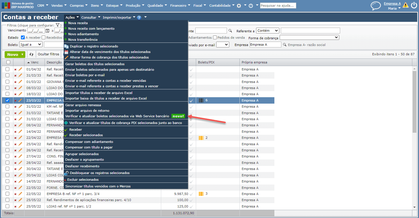 tela Verificar e atualizar boletos selecionados via Web Service bancário