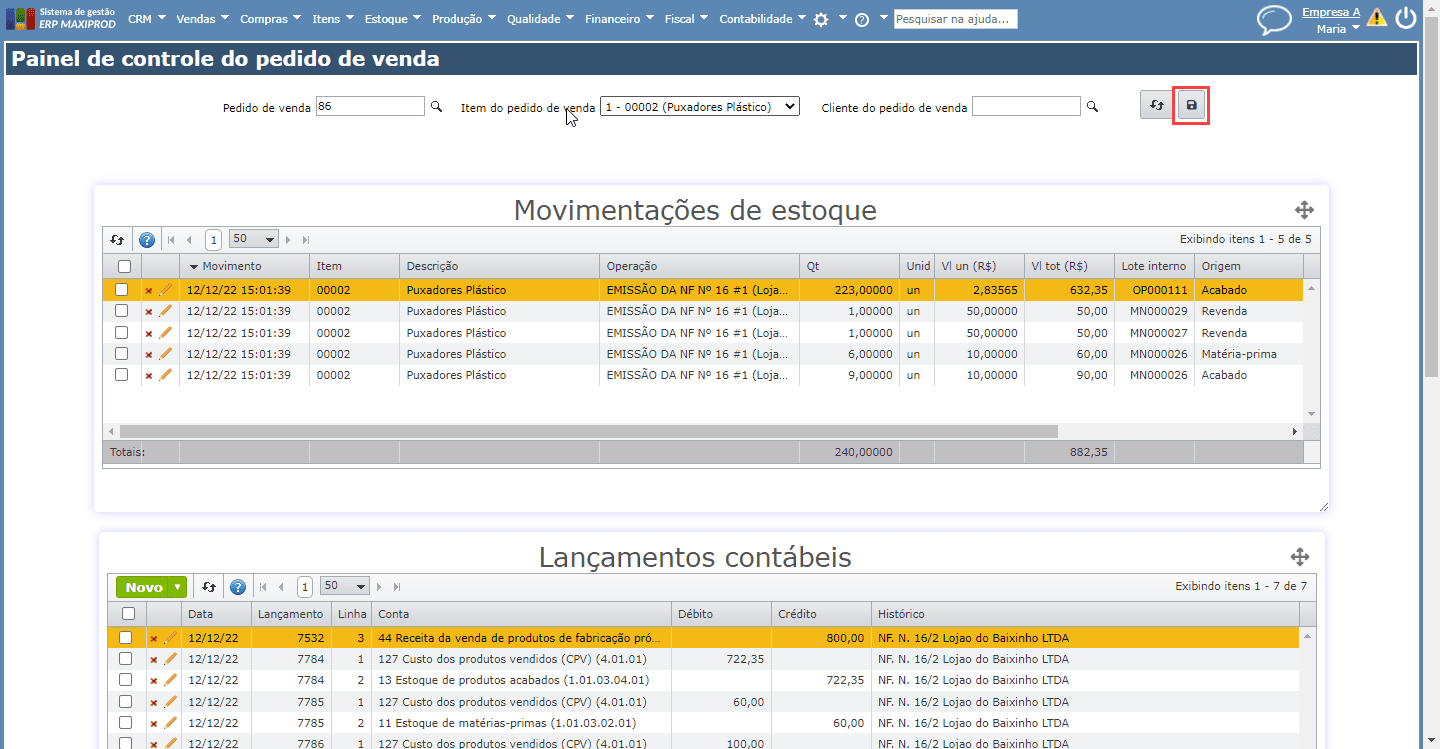 painel de controle do pedido de venda