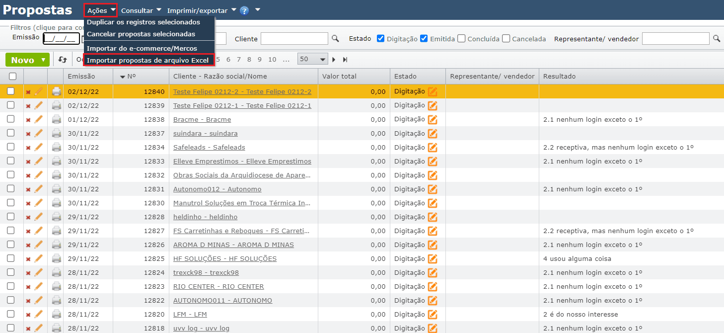 tela propostas de venda - Importar de arquivo Excel