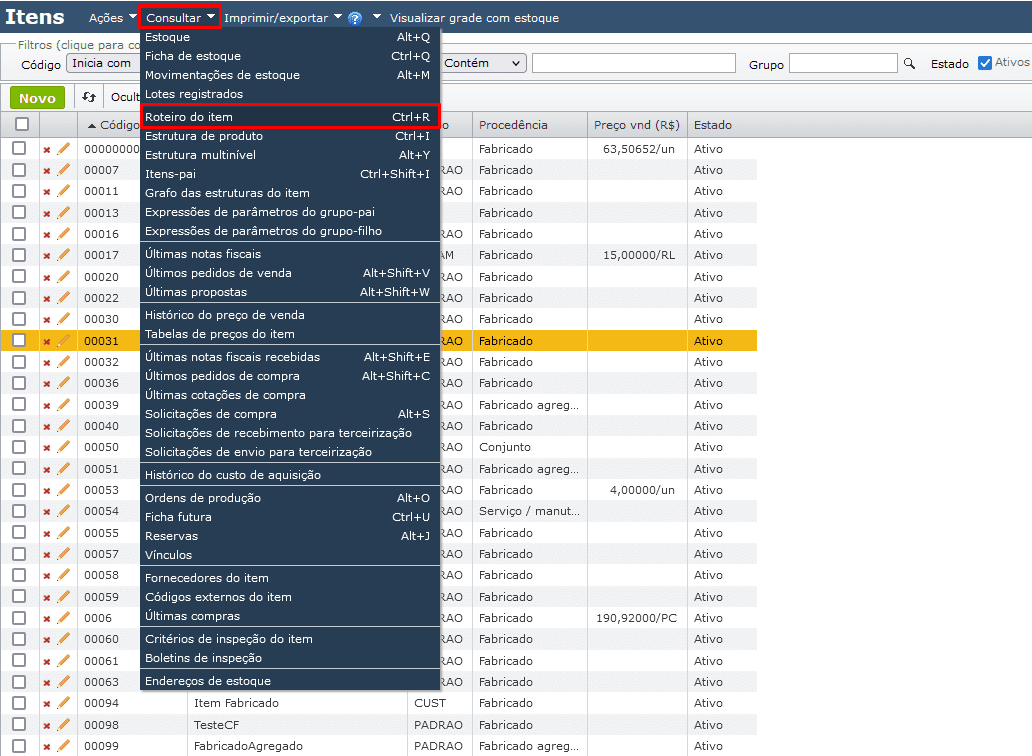 tela roteiro do item
