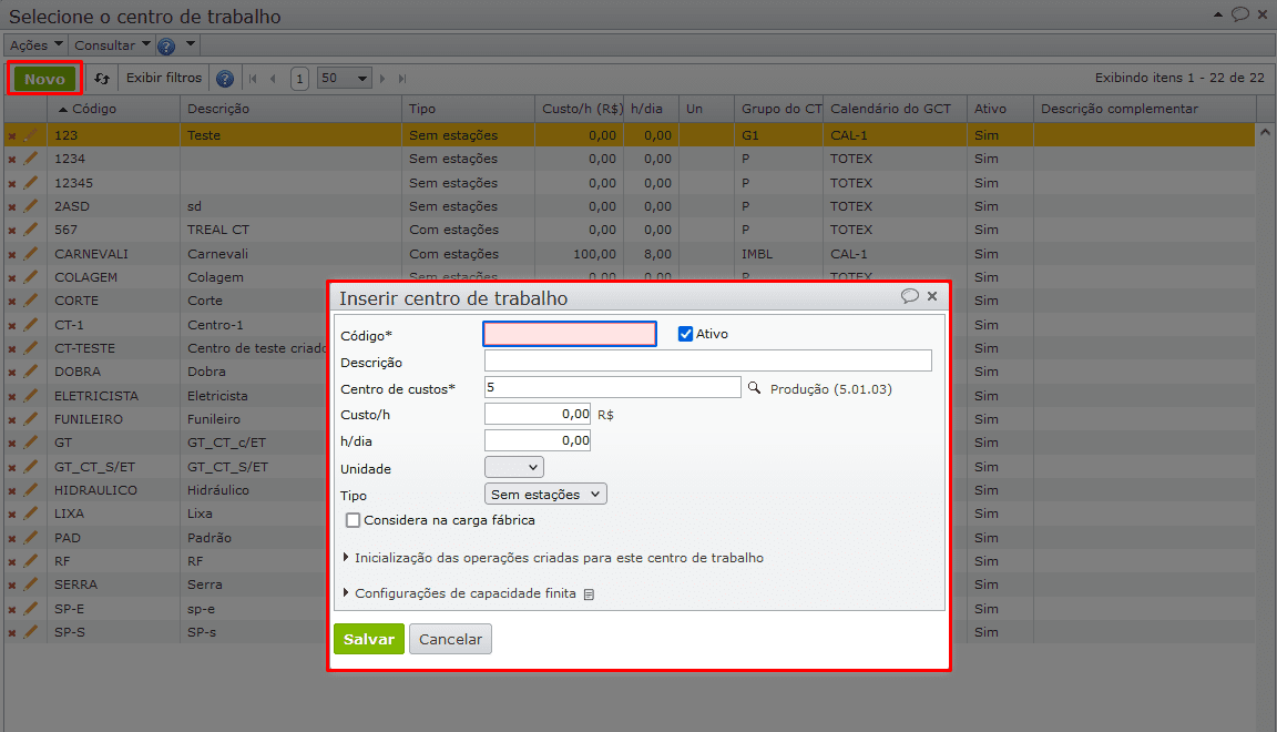 inserir centro de trabalho