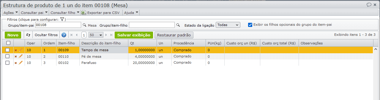 estrutura de produto de 1 un do item 00108