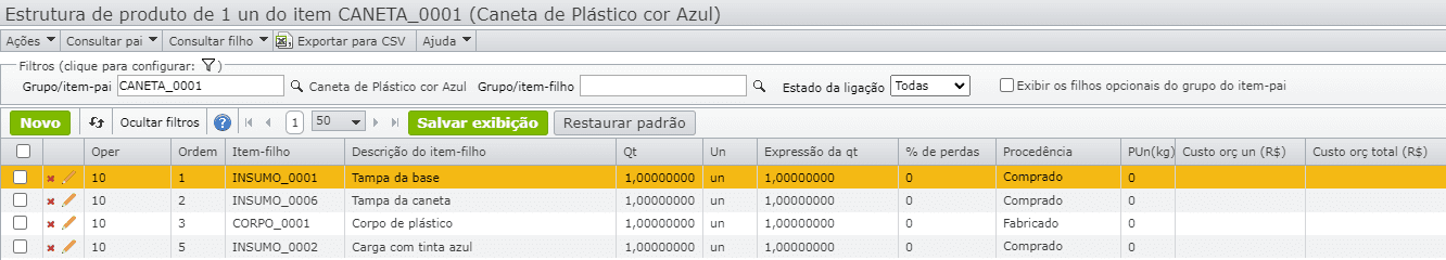 estrutura de produto de 1 un do item CANETA_0001