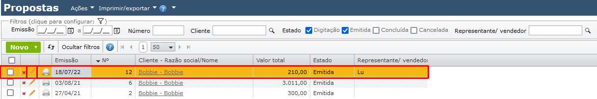 tela propostas de venda