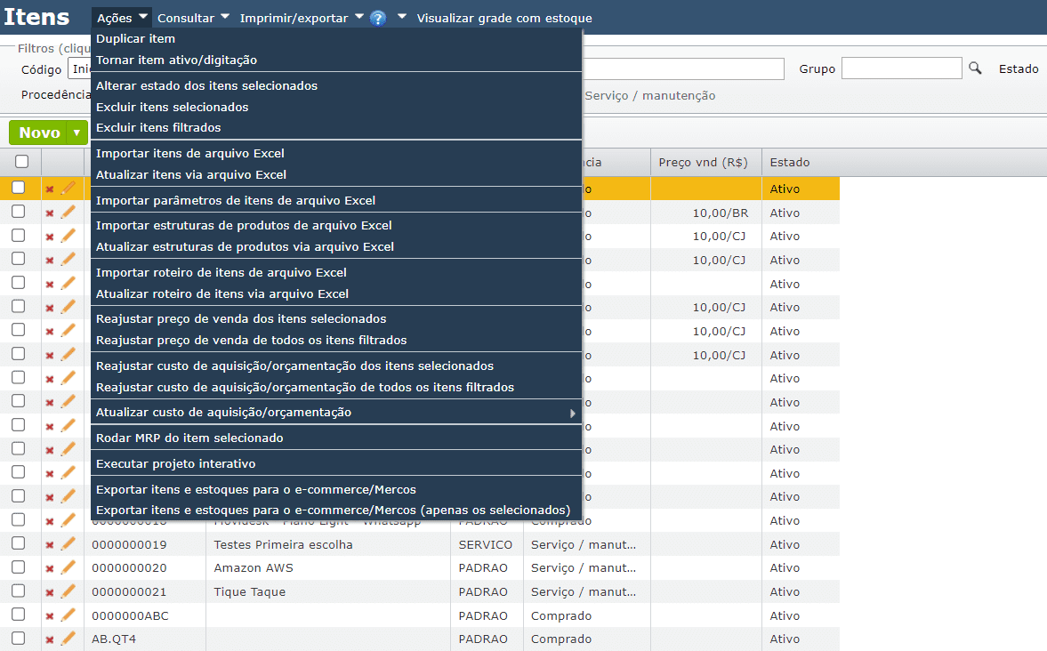 tela Importar roteiro de itens de arquivo Excel