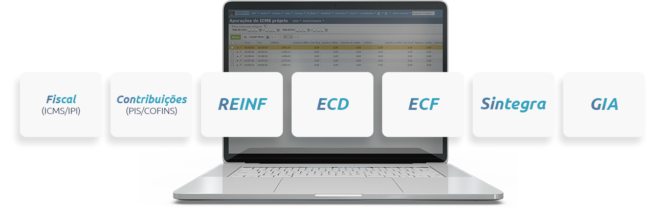 imagem de um notebook com a tela de uma das funcionalidades da parte fiscal do erp industrial