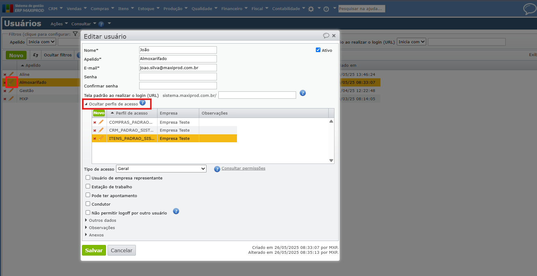 Expandir os perfis de acesso do usuário
